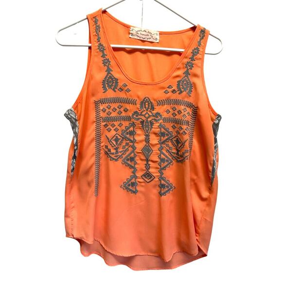 Anthropologie The Impeccable Pig Tank Blouse Orange Sheer Tribal Embroidered - Picture 1 of 7